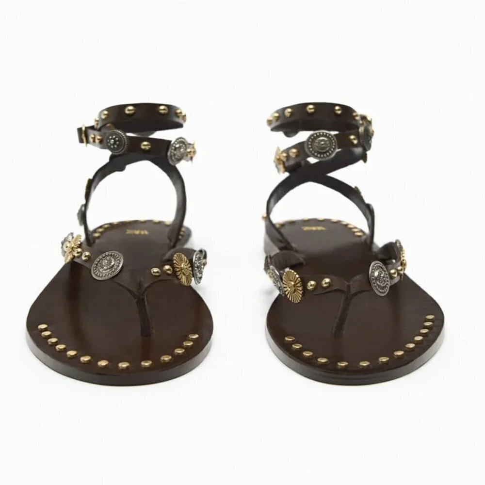 ZARA EMBELLISHED FLAT LEATHER SANDALS BROWN SIZE 10 | 1613/210 - Picture 2 of 4